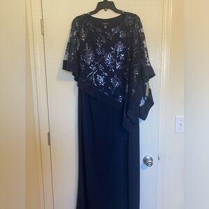 Navy Blue R & M RICHARDS Women's Sequinned Floral-Lace-Poncho Gown, size 16
